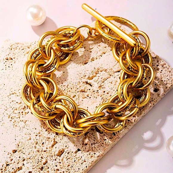 Gold Stainless Steel Bracelet Chain Link Boho Statement Piece - Picture 1 of 7